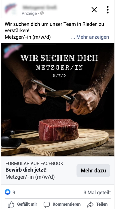 Beispiel Anzeige beim Recruiting über Facebook